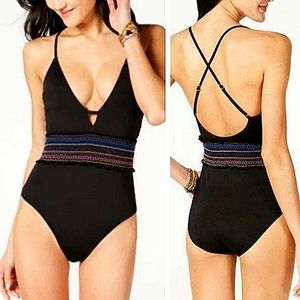 Bar III "Smocking Solids" Plunge Neckline Black Swimsuit NEW- Sz Med